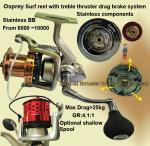 Osprey spinning surf reel with thruster drag system. Surf reel with SS bb