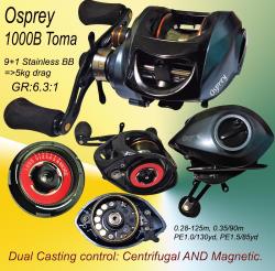 Osprey baitrunner with Combine magnetic and centrifugal casting brake. Baitcasting reel with SS bearing fitted 